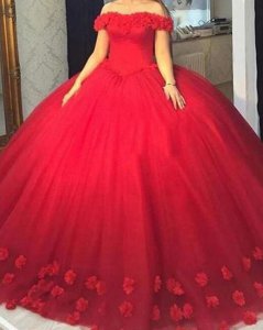 Fluffy Off Shoulder Handmade 3D Flowers Scattered Puffy Quinceanera Dress in Red